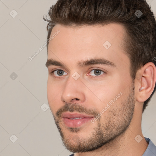 Neutral white young-adult male with short  brown hair and brown eyes