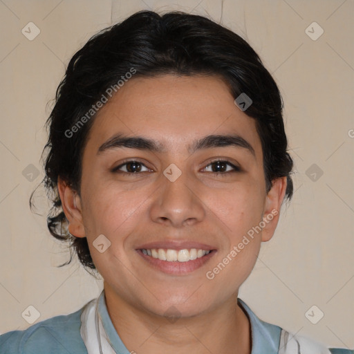 Joyful white young-adult male with medium  brown hair and brown eyes