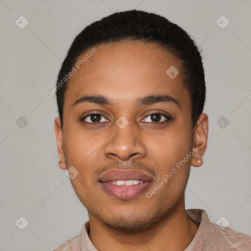 Joyful latino young-adult female with short  black hair and brown eyes