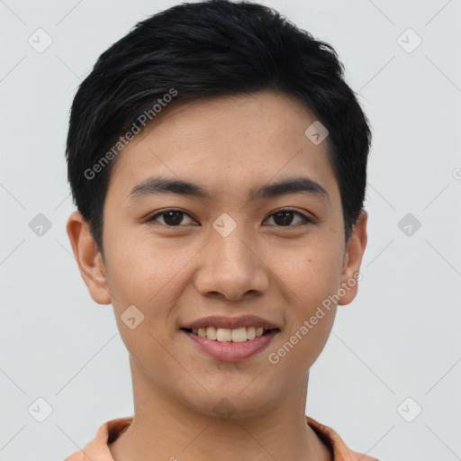 Joyful asian young-adult male with short  black hair and brown eyes