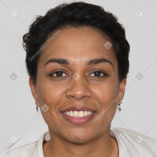 Joyful latino young-adult female with short  brown hair and brown eyes