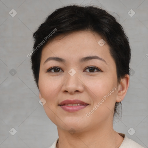 Joyful white young-adult female with medium  brown hair and brown eyes