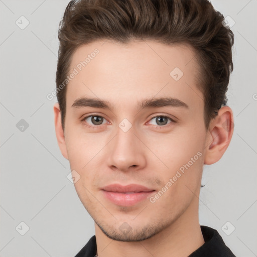 Neutral white young-adult male with short  brown hair and brown eyes