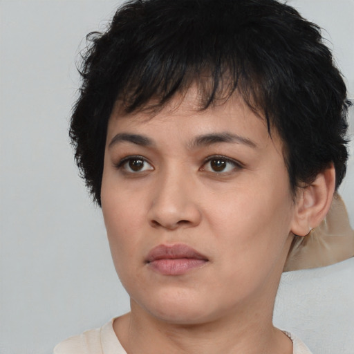 Neutral asian young-adult female with short  brown hair and brown eyes