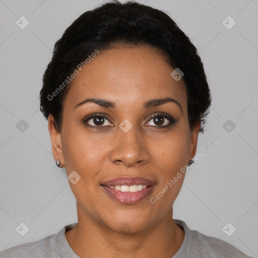 Joyful latino young-adult female with short  black hair and brown eyes