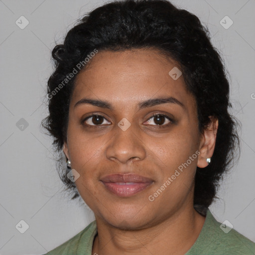 Joyful black young-adult female with medium  black hair and brown eyes