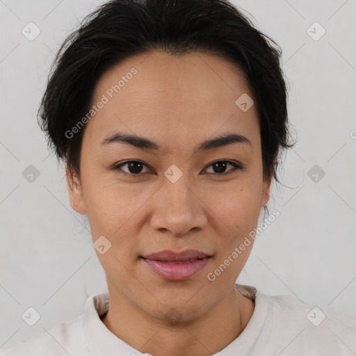 Joyful asian young-adult female with short  brown hair and brown eyes