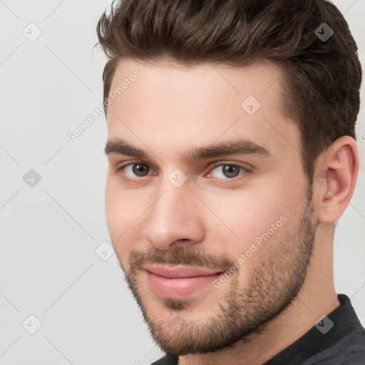 Neutral white young-adult male with short  brown hair and brown eyes