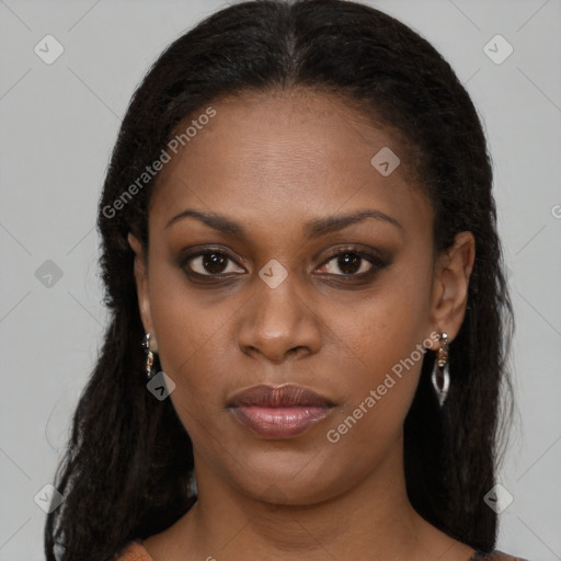 Neutral black young-adult female with long  brown hair and brown eyes