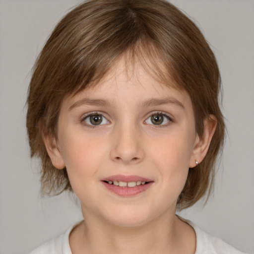 Joyful white child female with medium  brown hair and brown eyes