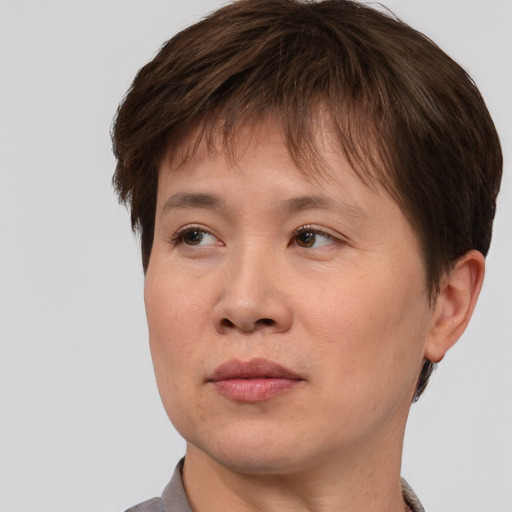 Joyful asian adult male with short  brown hair and brown eyes
