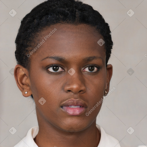 Neutral black young-adult female with short  brown hair and brown eyes