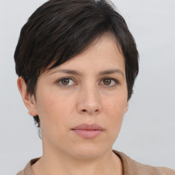 Neutral white young-adult female with short  brown hair and brown eyes