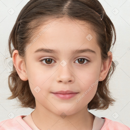 Joyful white child female with medium  brown hair and brown eyes