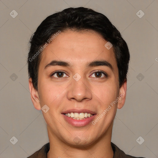 Joyful white young-adult male with short  black hair and brown eyes