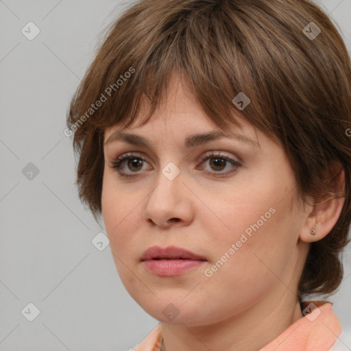 Neutral white young-adult female with medium  brown hair and brown eyes