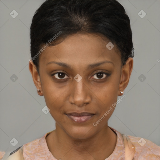 Neutral latino young-adult female with short  brown hair and brown eyes