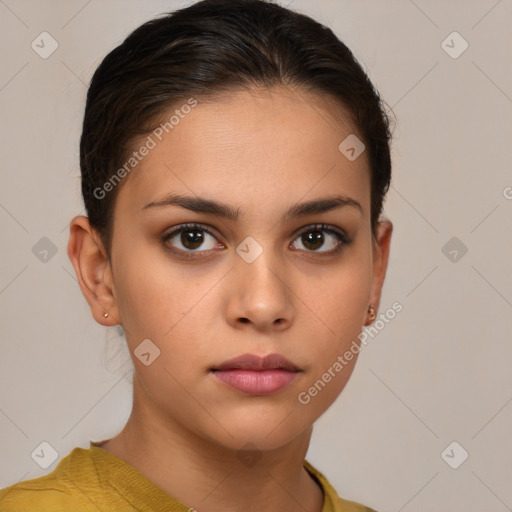 Neutral white young-adult female with short  brown hair and brown eyes