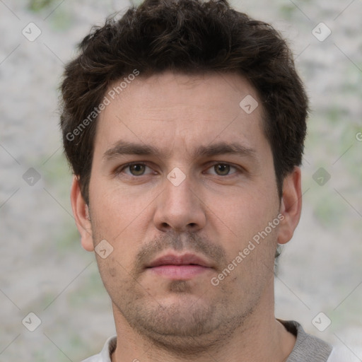 Neutral white young-adult male with short  brown hair and brown eyes