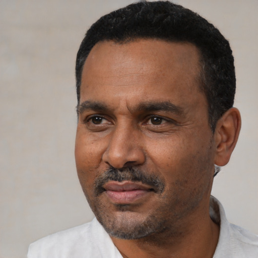 Neutral black adult male with short  black hair and brown eyes