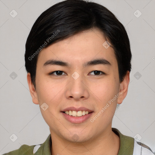Joyful asian young-adult male with short  black hair and brown eyes
