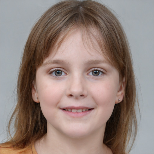 Joyful white child female with medium  brown hair and grey eyes