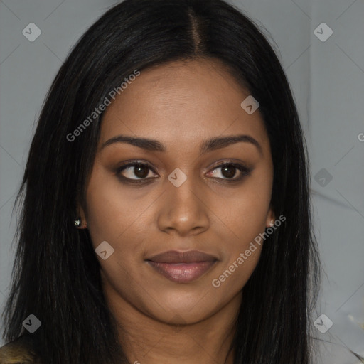 Joyful black young-adult female with long  brown hair and brown eyes