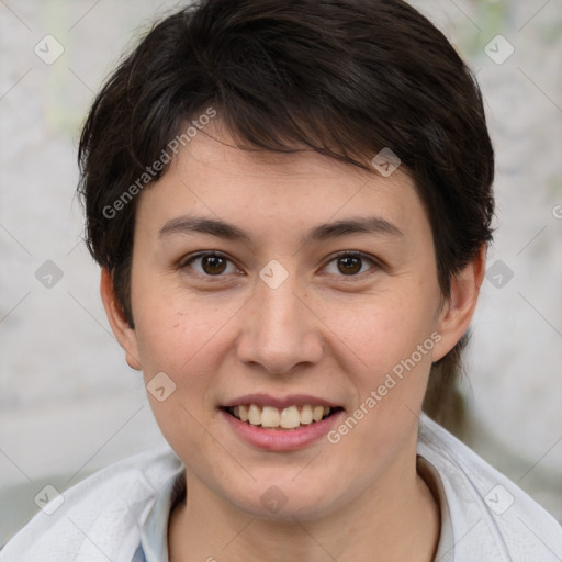 Joyful white young-adult female with medium  brown hair and brown eyes