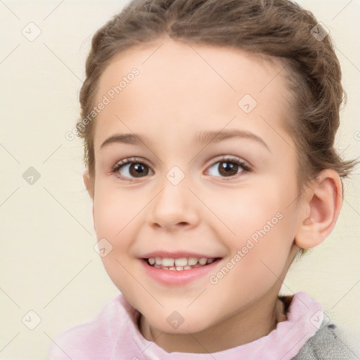 Joyful white child female with short  brown hair and brown eyes