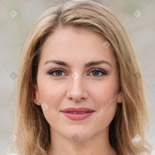 Joyful white young-adult female with medium  brown hair and green eyes