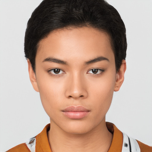 Neutral asian young-adult female with short  black hair and brown eyes