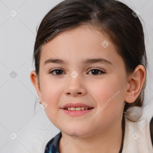 Joyful white child female with medium  brown hair and brown eyes