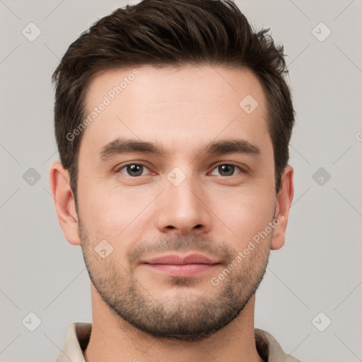 Neutral white young-adult male with short  brown hair and brown eyes