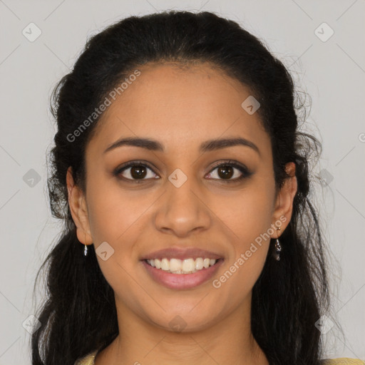 Joyful latino young-adult female with long  brown hair and brown eyes