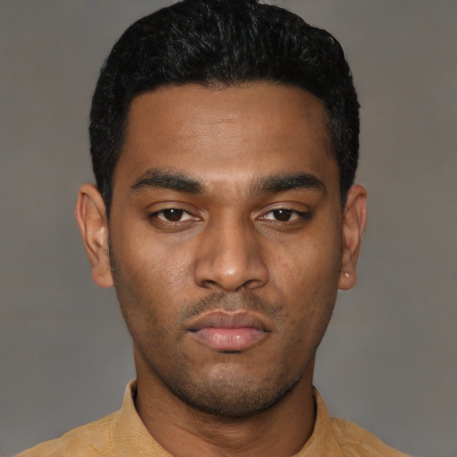 Neutral latino young-adult male with short  black hair and brown eyes