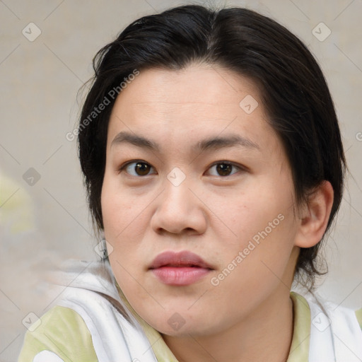 Neutral white young-adult female with medium  brown hair and brown eyes