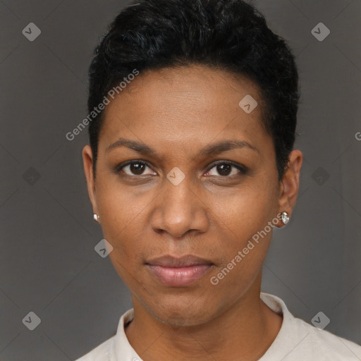 Neutral black young-adult female with short  black hair and brown eyes