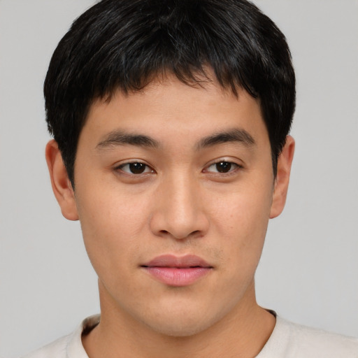Neutral asian young-adult male with short  brown hair and brown eyes