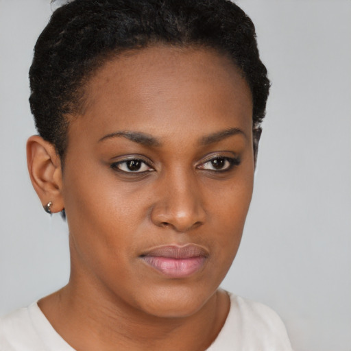 Neutral black young-adult female with short  brown hair and brown eyes