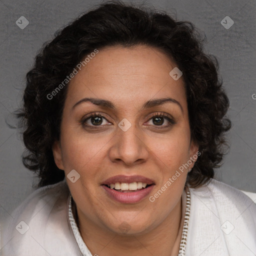 Joyful white adult female with long  brown hair and brown eyes