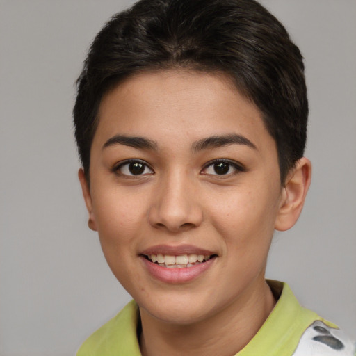 Joyful asian young-adult female with short  brown hair and brown eyes