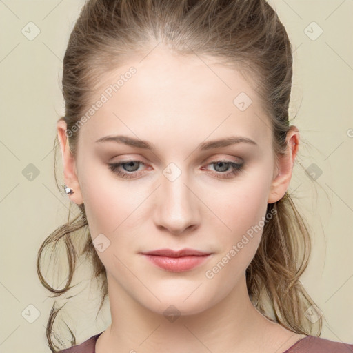 Neutral white young-adult female with long  brown hair and grey eyes