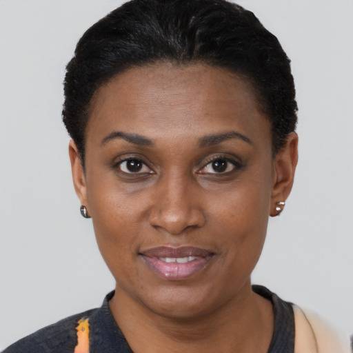 Joyful black adult female with short  brown hair and brown eyes