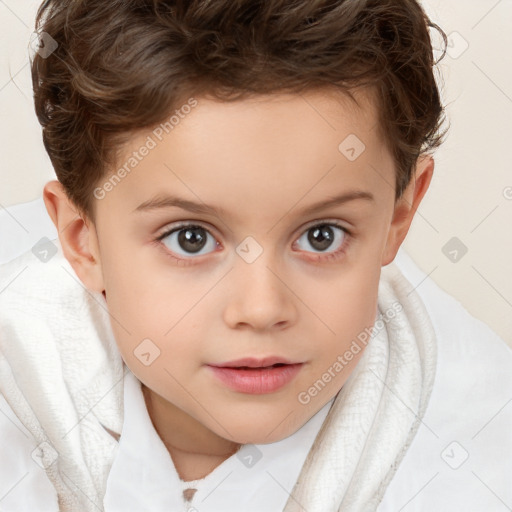 Joyful white child female with short  brown hair and brown eyes