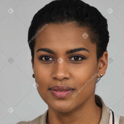 Joyful black young-adult female with short  black hair and brown eyes