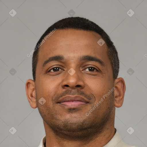 Neutral latino young-adult male with short  brown hair and brown eyes