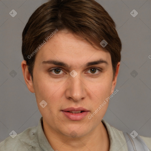 Joyful white young-adult female with short  brown hair and grey eyes