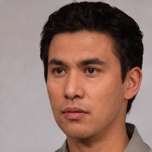 Neutral white young-adult male with short  black hair and brown eyes