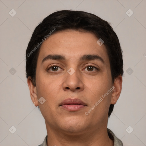 Neutral white young-adult male with short  brown hair and brown eyes