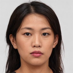 Neutral asian young-adult female with long  brown hair and brown eyes